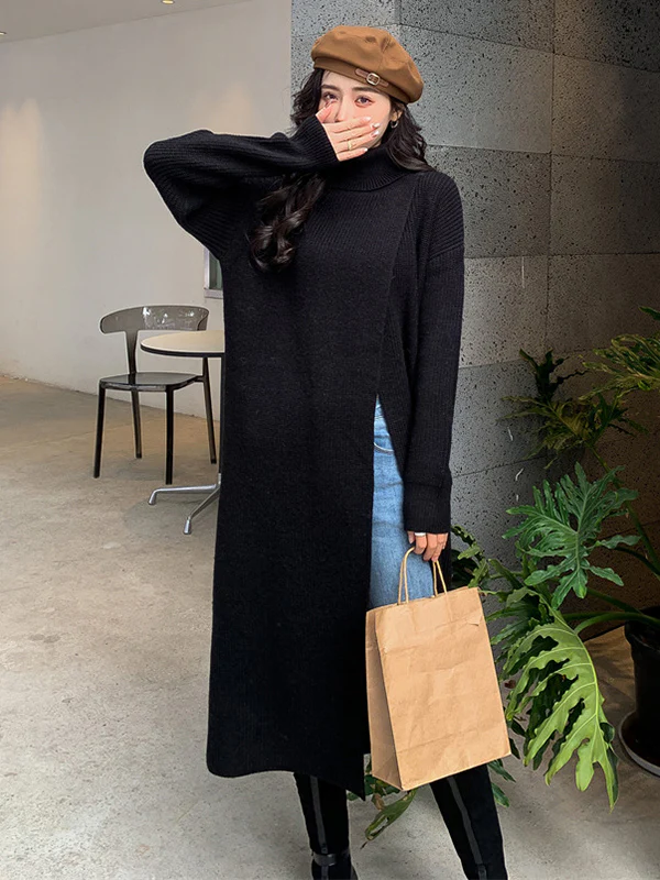 Stylish Long Sleeves Split-Front Solid Color High-Neck Sweater Tops - Image 28