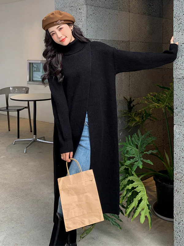 Stylish Long Sleeves Split-Front Solid Color High-Neck Sweater Tops - Image 29