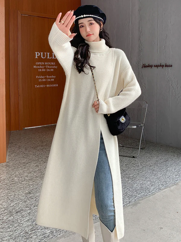 Stylish Long Sleeves Split-Front Solid Color High-Neck Sweater Tops - Image 3