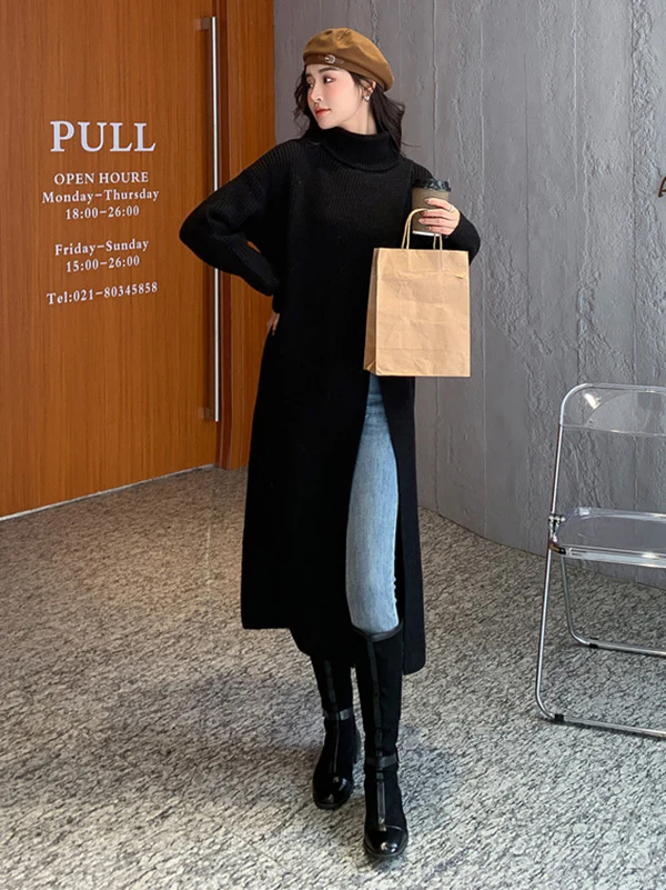 Stylish Long Sleeves Split-Front Solid Color High-Neck Sweater Tops - Image 30
