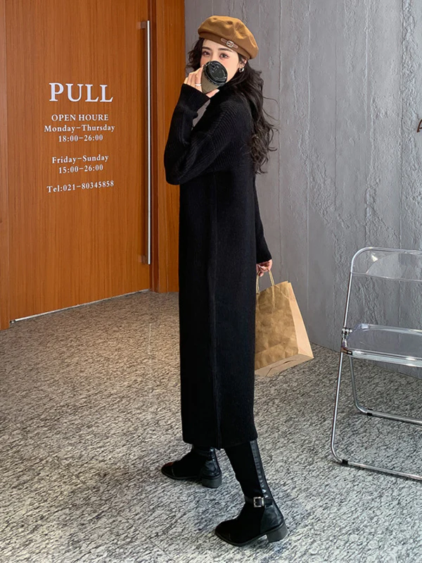 Stylish Long Sleeves Split-Front Solid Color High-Neck Sweater Tops - Image 31