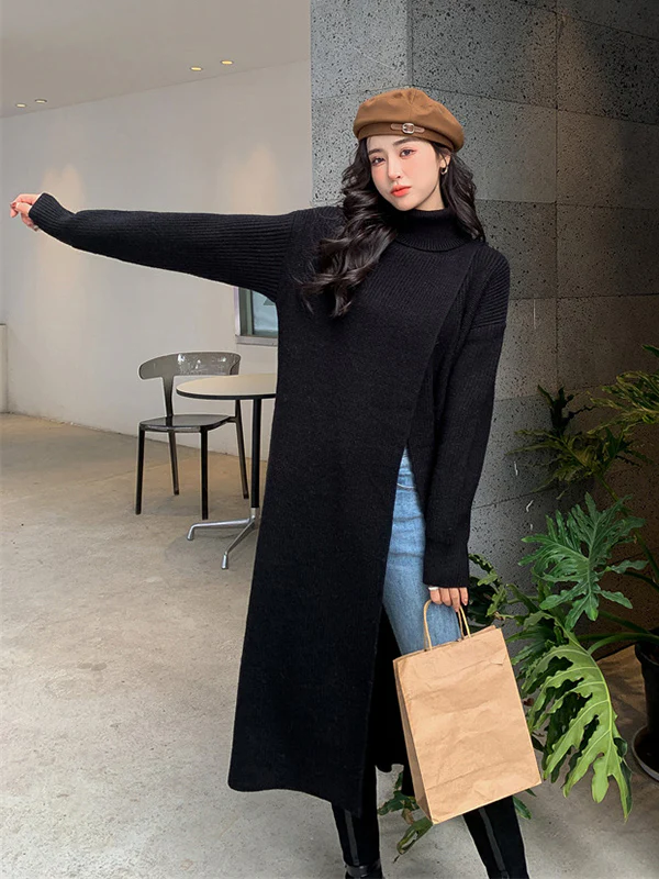 Stylish Long Sleeves Split-Front Solid Color High-Neck Sweater Tops - Image 4