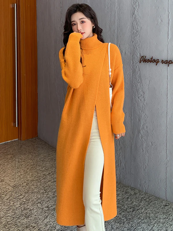 Stylish Long Sleeves Split-Front Solid Color High-Neck Sweater Tops - Image 5