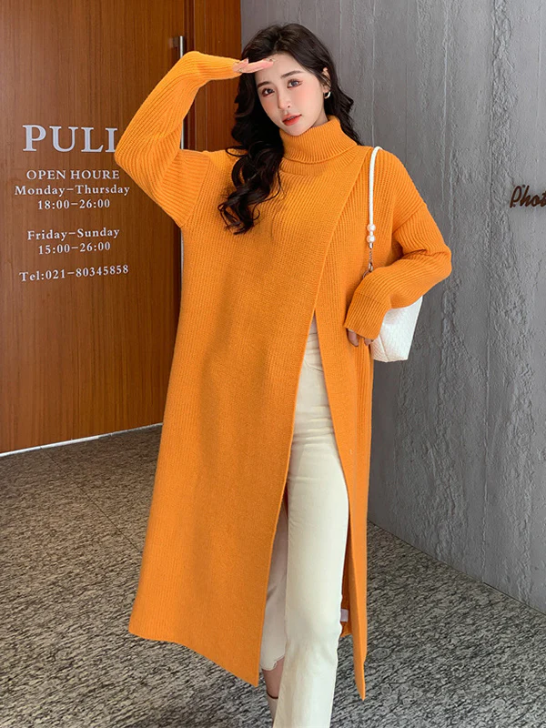 Stylish Long Sleeves Split-Front Solid Color High-Neck Sweater Tops - Image 6