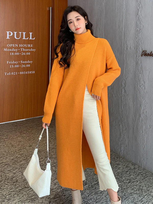 Stylish Long Sleeves Split-Front Solid Color High-Neck Sweater Tops - Image 7