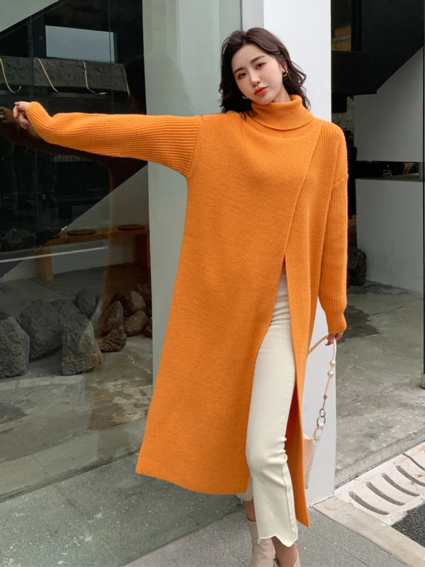 Stylish Long Sleeves Split-Front Solid Color High-Neck Sweater Tops - Image 8