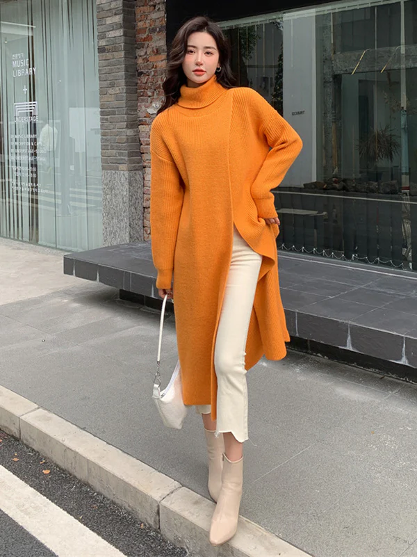 Stylish Long Sleeves Split-Front Solid Color High-Neck Sweater Tops - Image 9