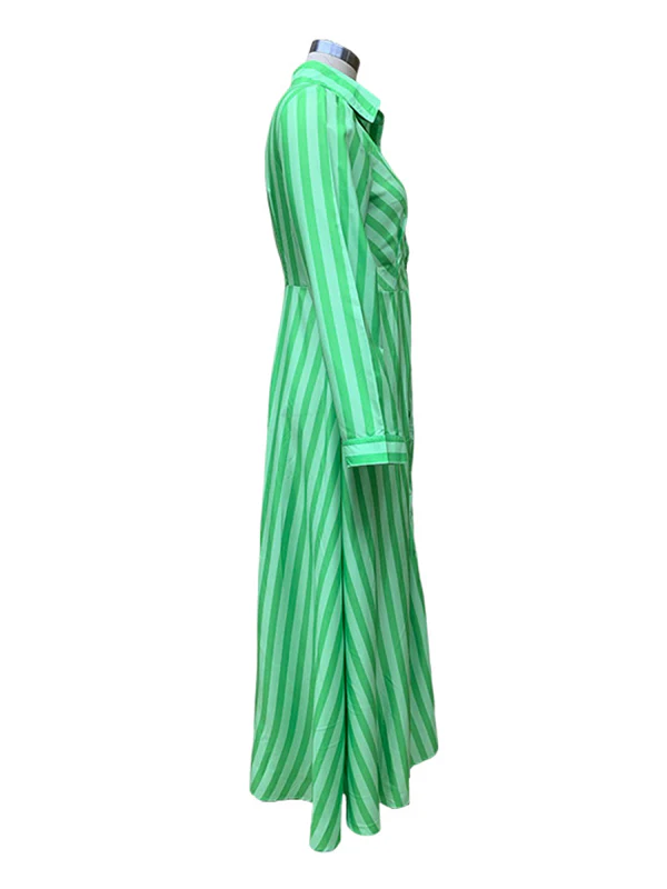 Stylish Long Sleeves Striped Lapel Collar Maxi Dresses - Image 10