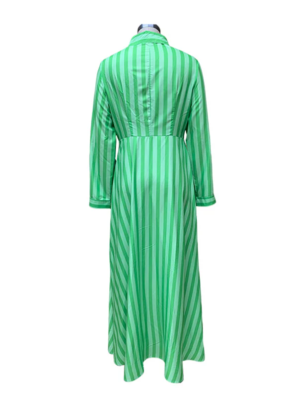 Stylish Long Sleeves Striped Lapel Collar Maxi Dresses - Image 11