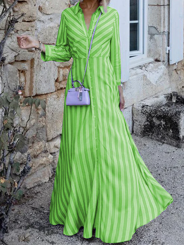 Stylish Long Sleeves Striped Lapel Collar Maxi Dresses - Image 2