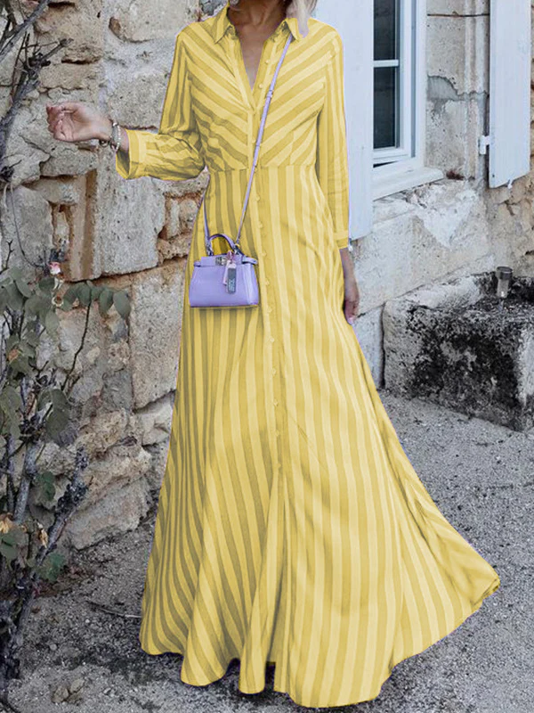 Stylish Long Sleeves Striped Lapel Collar Maxi Dresses - Image 3