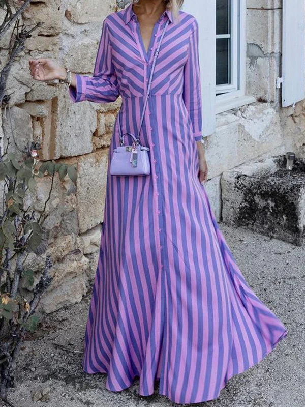Stylish Long Sleeves Striped Lapel Collar Maxi Dresses - Image 4
