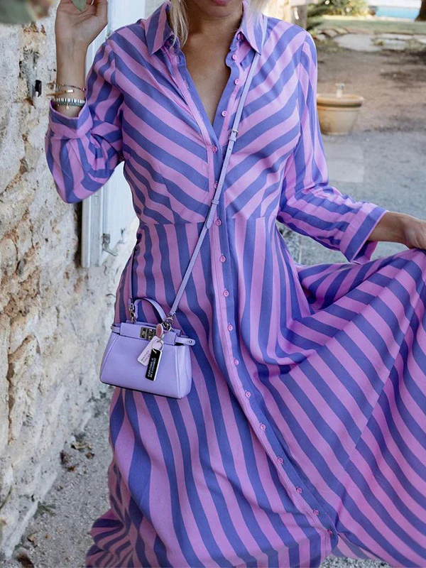 Stylish Long Sleeves Striped Lapel Collar Maxi Dresses - Image 5
