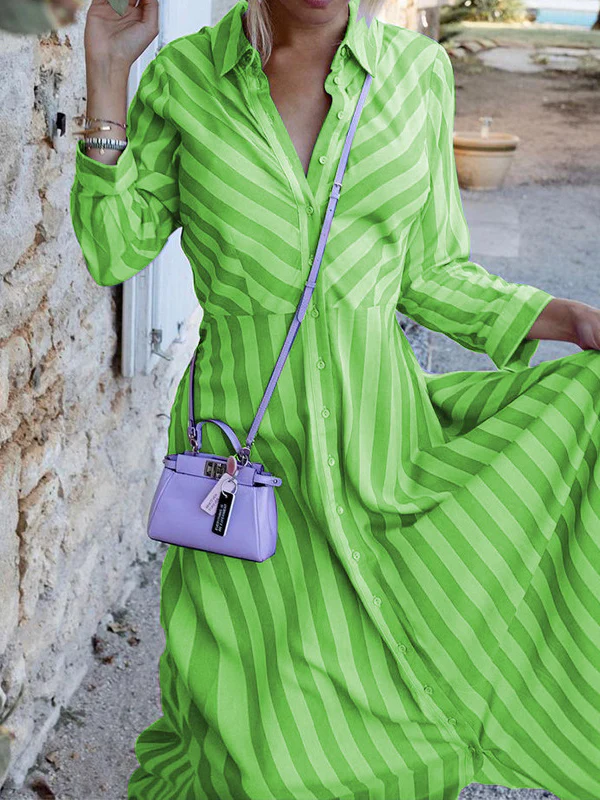 Stylish Long Sleeves Striped Lapel Collar Maxi Dresses - Image 6