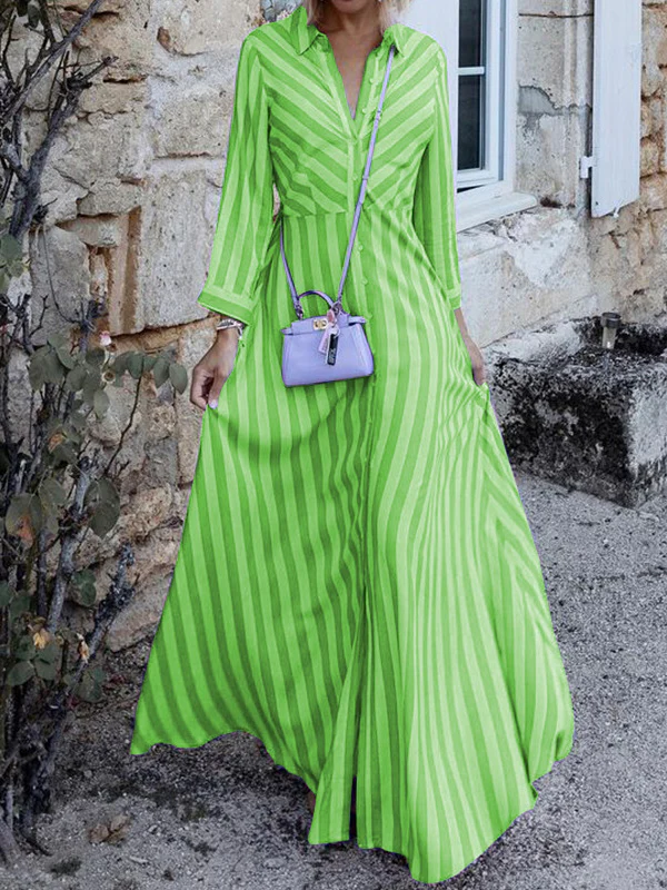 Stylish Long Sleeves Striped Lapel Collar Maxi Dresses - Image 7
