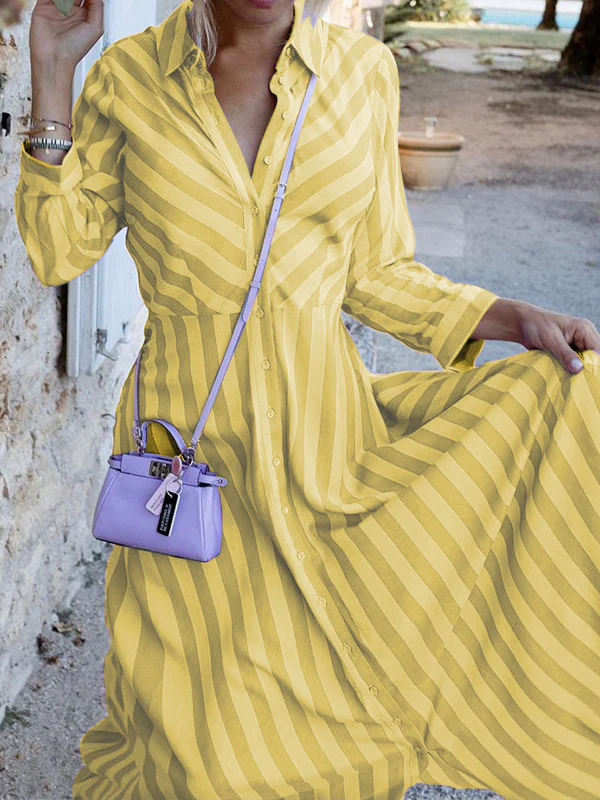 Stylish Long Sleeves Striped Lapel Collar Maxi Dresses - Image 8