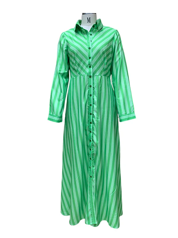 Stylish Long Sleeves Striped Lapel Collar Maxi Dresses - Image 9