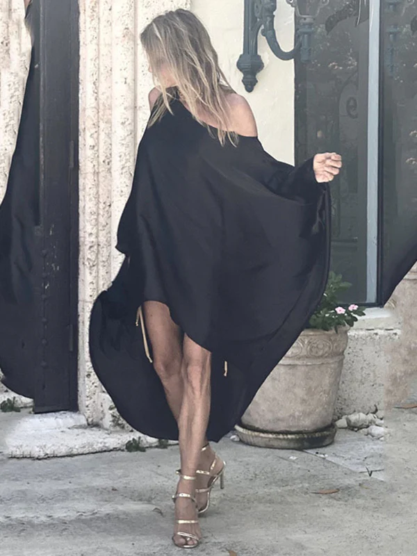 Stylish Loose High-Low Batwing Sleeves Black Midi Dress - Image 3