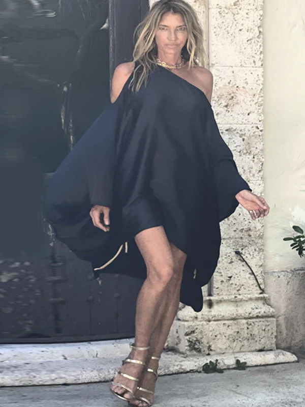 Stylish Loose High-Low Batwing Sleeves Black Midi Dress - Image 4