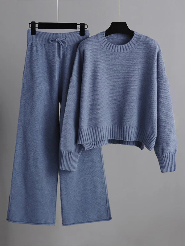 Stylish Loose High-Low Long Sleeves Solid Color Round-Neck Sweater Tops& Wide Leg Pants Two Pieces Set - Image 3