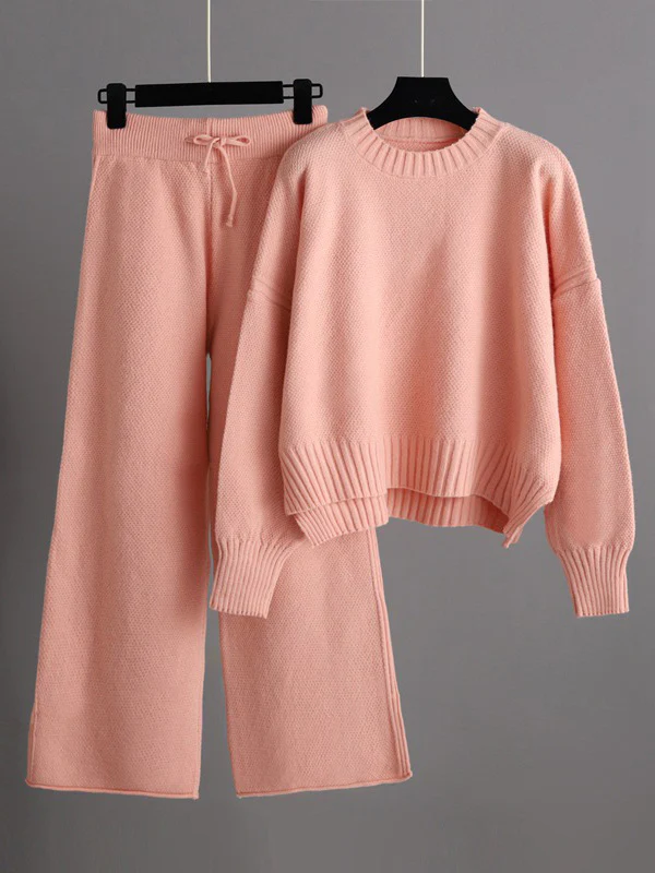 Stylish Loose High-Low Long Sleeves Solid Color Round-Neck Sweater Tops& Wide Leg Pants Two Pieces Set - Image 4