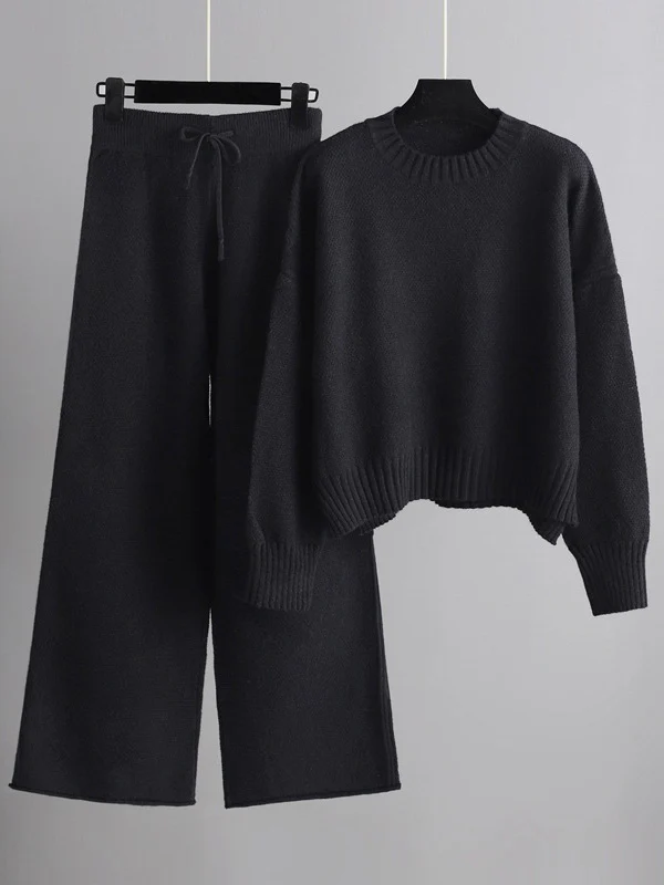 Stylish Loose High-Low Long Sleeves Solid Color Round-Neck Sweater Tops& Wide Leg Pants Two Pieces Set - Image 5