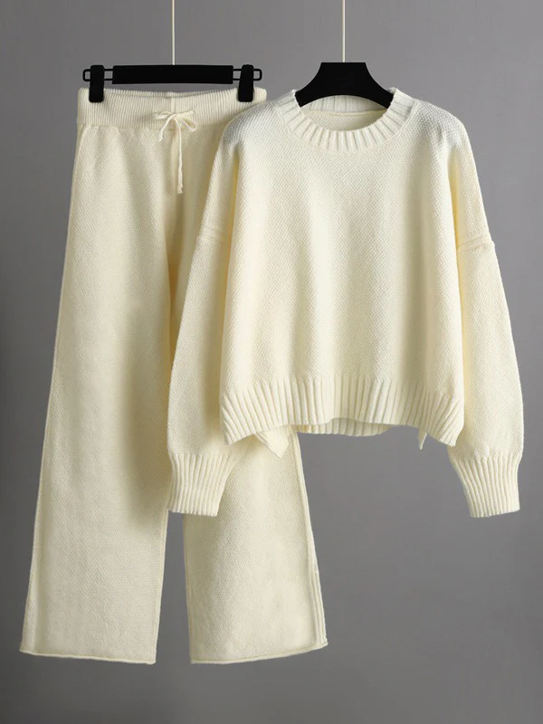 Stylish Loose High-Low Long Sleeves Solid Color Round-Neck Sweater Tops& Wide Leg Pants Two Pieces Set - Image 6