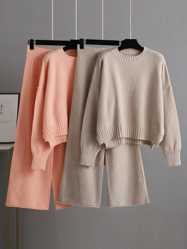 Stylish Loose High-Low Long Sleeves Solid Color Round-Neck Sweater Tops& Wide Leg Pants Two Pieces Set - Image 7
