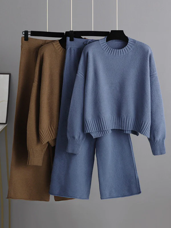 Stylish Loose High-Low Long Sleeves Solid Color Round-Neck Sweater Tops& Wide Leg Pants Two Pieces Set - Image 8