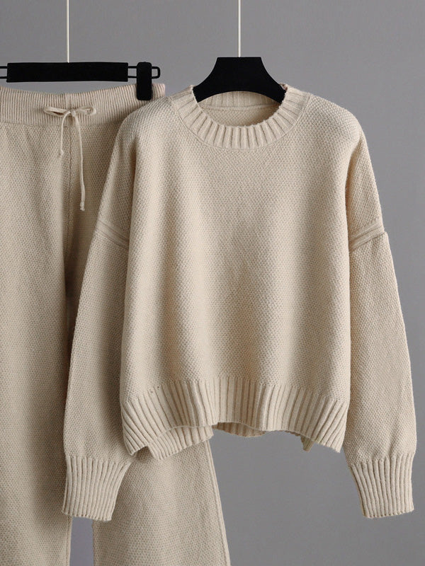 Stylish Loose High-Low Long Sleeves Solid Color Round-Neck Sweater Tops& Wide Leg Pants Two Pieces Set - Image 9