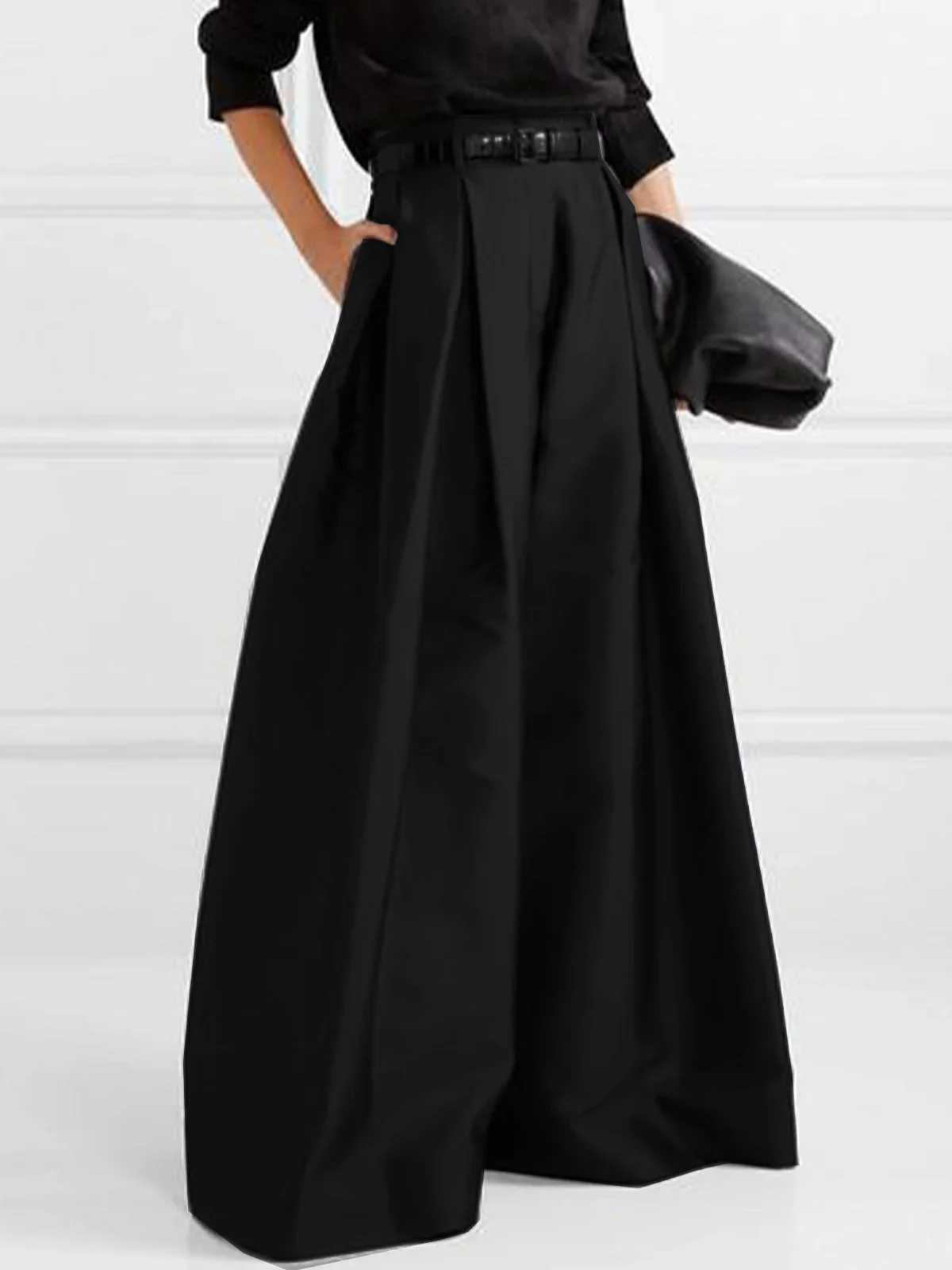 High Waisted Loose Pleated Solid Color Pants - Image 4