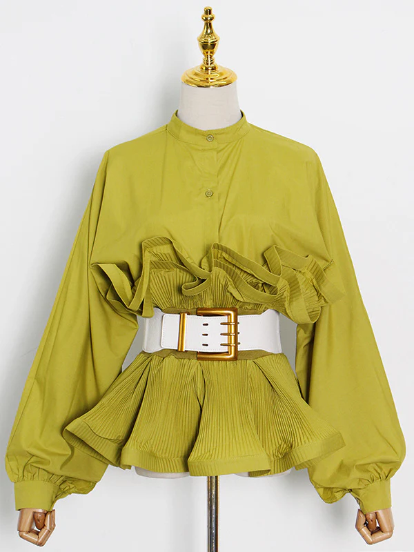 Stylish Loose Long Sleeves Buttoned Falbala Belted Solid Color Stand Collar Blouses&Shirts Tops - Image 2