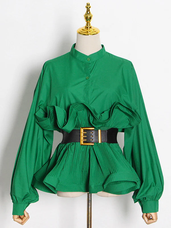 Stylish Loose Long Sleeves Buttoned Falbala Belted Solid Color Stand Collar Blouses&Shirts Tops - Image 3