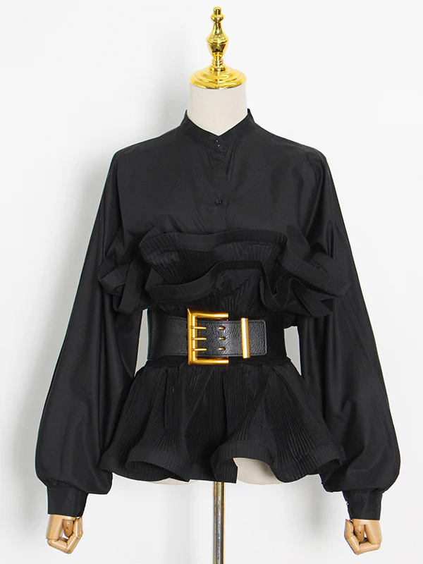 Stylish Loose Long Sleeves Buttoned Falbala Belted Solid Color Stand Collar Blouses&Shirts Tops - Image 4