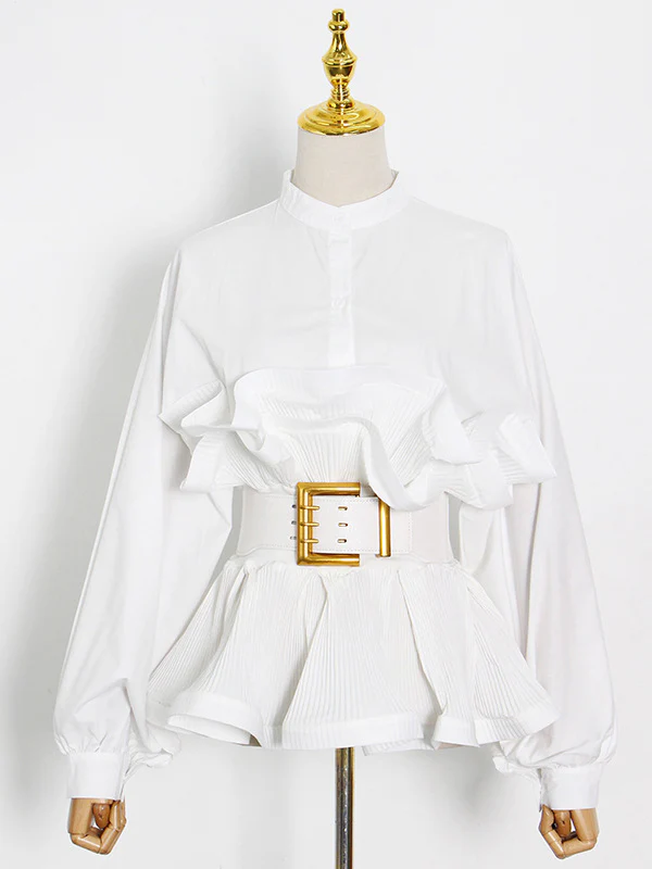 Stylish Loose Long Sleeves Buttoned Falbala Belted Solid Color Stand Collar Blouses&Shirts Tops - Image 5