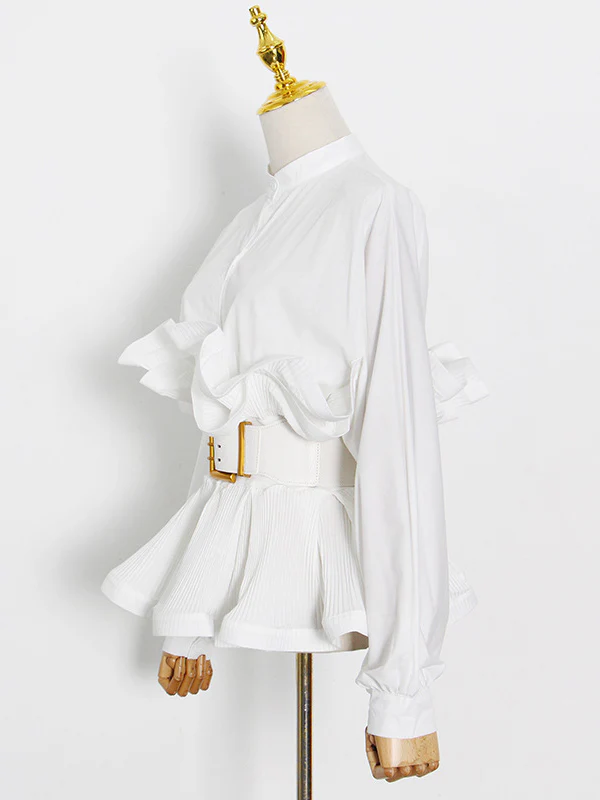 Stylish Loose Long Sleeves Buttoned Falbala Belted Solid Color Stand Collar Blouses&Shirts Tops - Image 6
