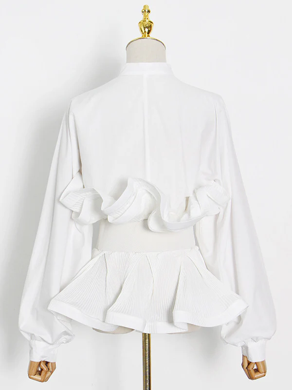 Stylish Loose Long Sleeves Buttoned Falbala Belted Solid Color Stand Collar Blouses&Shirts Tops - Image 7