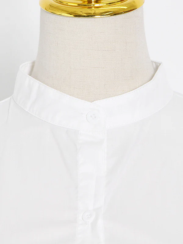 Stylish Loose Long Sleeves Buttoned Falbala Belted Solid Color Stand Collar Blouses&Shirts Tops - Image 8