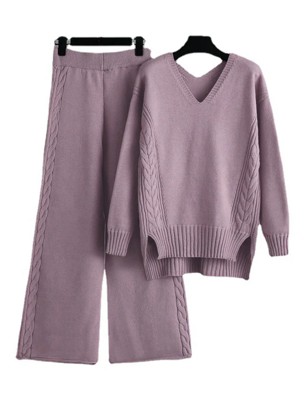 Stylish Loose Long Sleeves Solid Color V-Neck Sweater Tops& Wide Leg Pants Two Pieces Set - Image 13