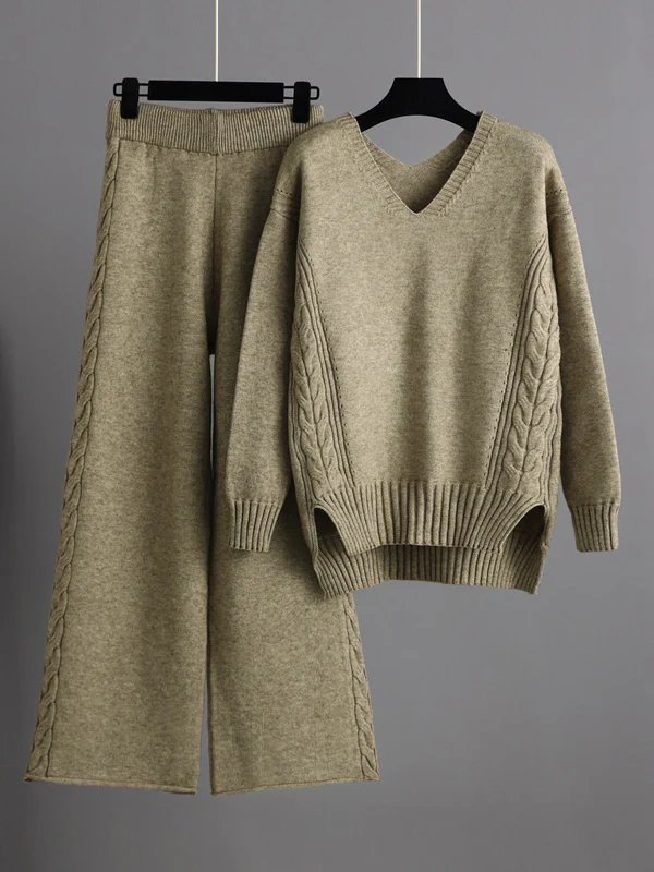 Stylish Loose Long Sleeves Solid Color V-Neck Sweater Tops& Wide Leg Pants Two Pieces Set - Image 2