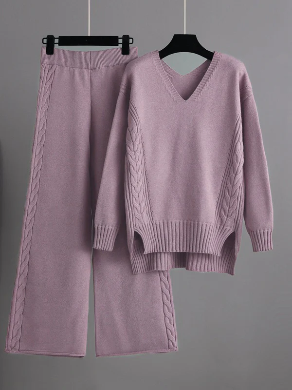 Stylish Loose Long Sleeves Solid Color V-Neck Sweater Tops& Wide Leg Pants Two Pieces Set - Image 3