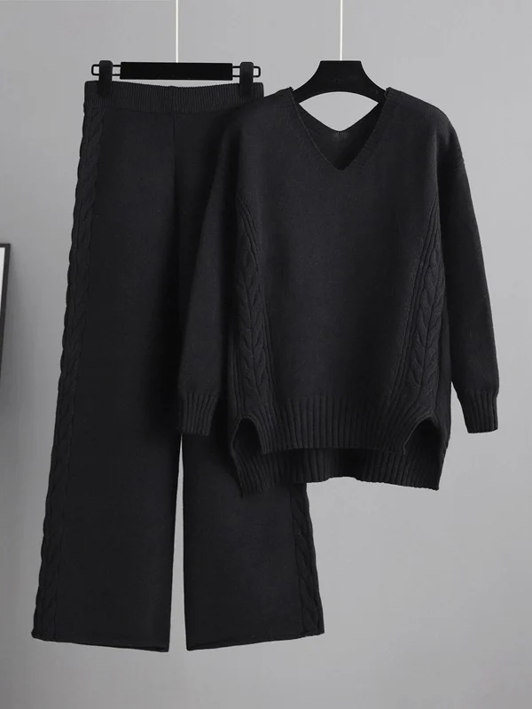 Stylish Loose Long Sleeves Solid Color V-Neck Sweater Tops& Wide Leg Pants Two Pieces Set - Image 4