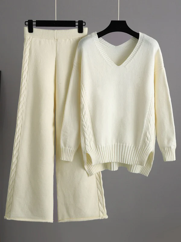 Stylish Loose Long Sleeves Solid Color V-Neck Sweater Tops& Wide Leg Pants Two Pieces Set - Image 5