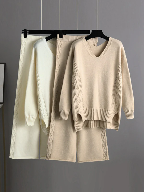 Stylish Loose Long Sleeves Solid Color V-Neck Sweater Tops& Wide Leg Pants Two Pieces Set - Image 6
