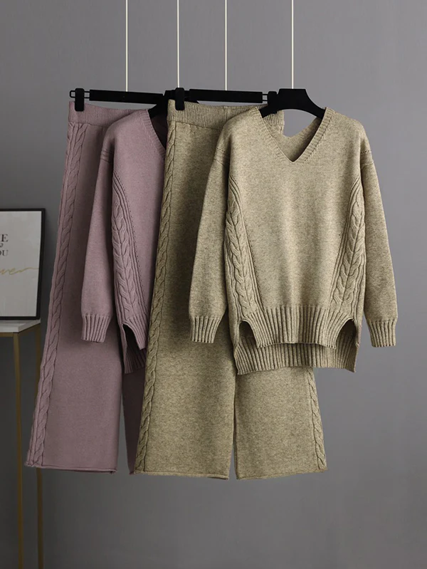 Stylish Loose Long Sleeves Solid Color V-Neck Sweater Tops& Wide Leg Pants Two Pieces Set - Image 7