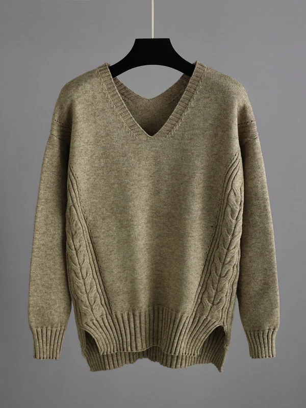Stylish Loose Long Sleeves Solid Color V-Neck Sweater Tops& Wide Leg Pants Two Pieces Set - Image 8