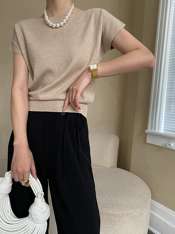 Stylish Loose Solid Color Boat Neck Knitwear Pullovers Tops - Image 14