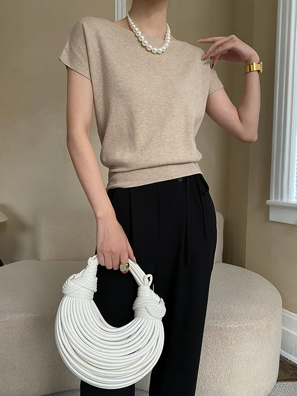 Stylish Loose Solid Color Boat Neck Knitwear Pullovers Tops - Image 15