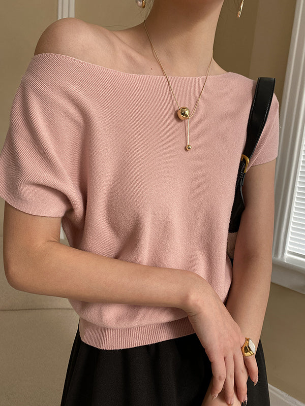 Stylish Loose Solid Color Boat Neck Knitwear Pullovers Tops - Image 18