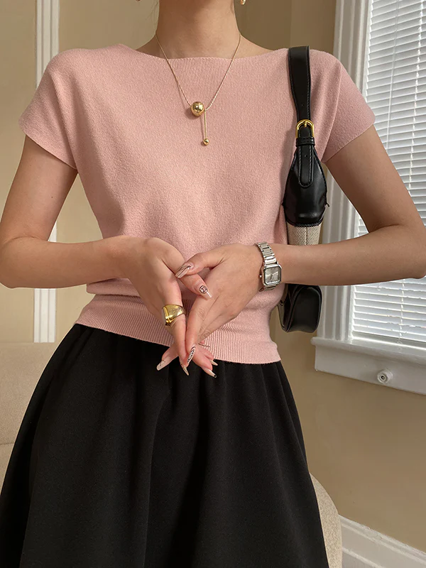 Stylish Loose Solid Color Boat Neck Knitwear Pullovers Tops - Image 19